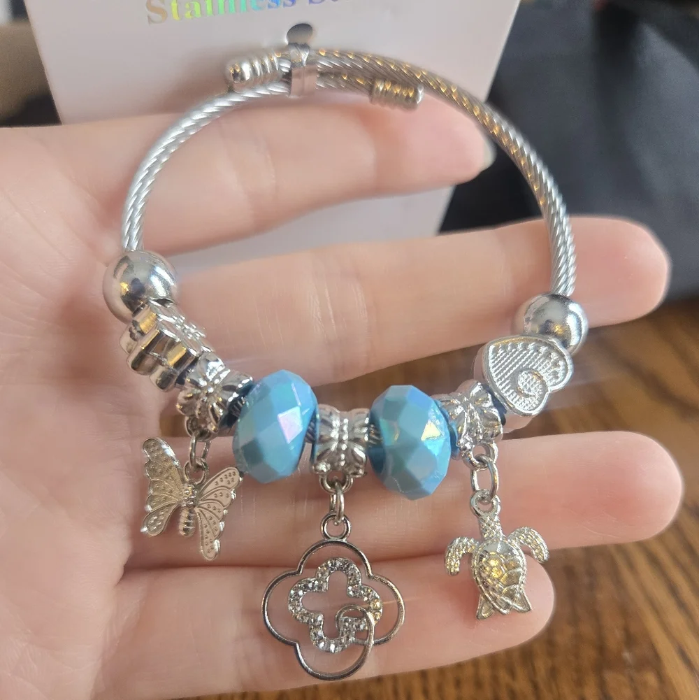 Mint Silver Bracelet with Blue Charms
